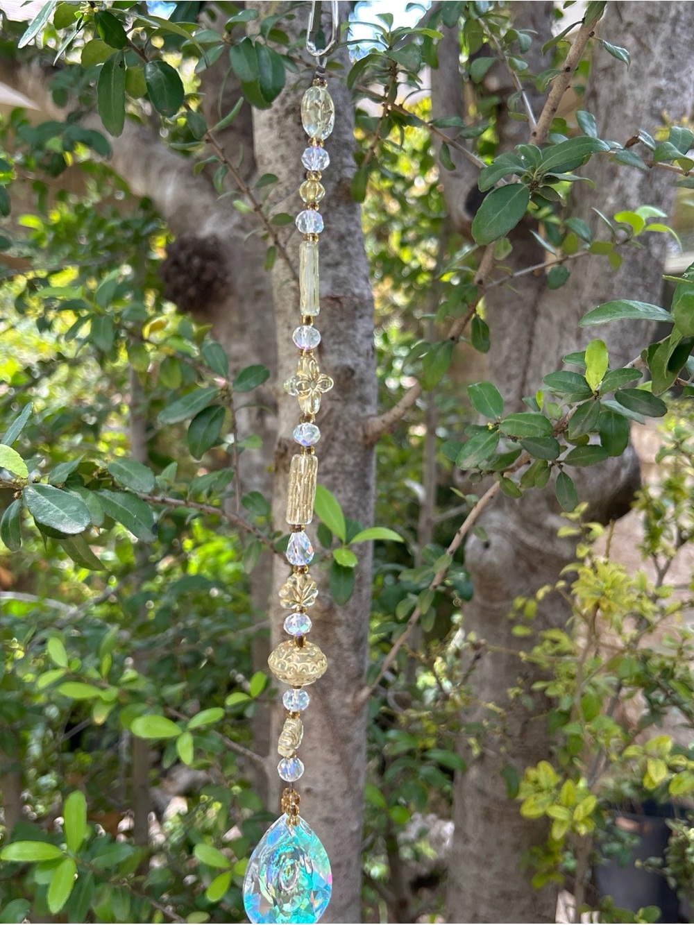 Crystal Teardrop Hanging Suncatcher - Gold and Iridescent